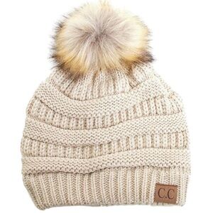 CC Beige Cable Knit Pom Pom Beanie Faux Fur Winter Hat Chunky OS